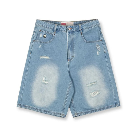 Grimey Peace Within Baggy Denim Shorts Washed Light Blue