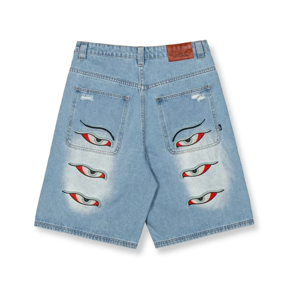 Grimey Peace Within Baggy Denim Shorts Washed Light Blue